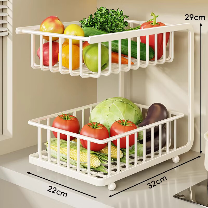 Wooden grid kitchen rack countertop vegetable rack drain basket vegetable storage rack vegetable basket storage rack multi-layer storage home classic model - white