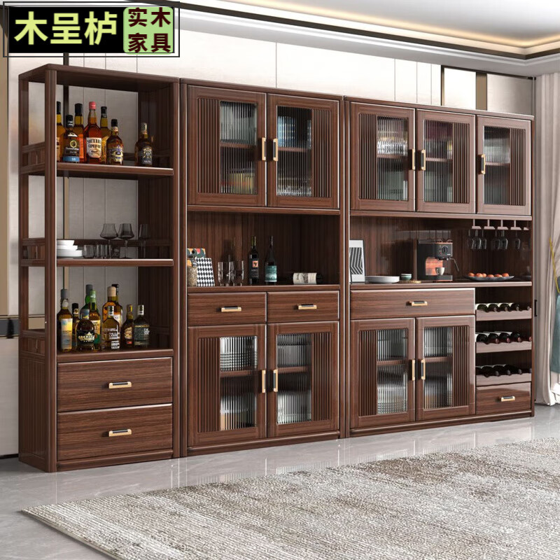 New Chinese solid wood sideboard wall-mounted multi-functional wine cabinet storage cabinet integrated home living room large capacity combination cabinet side cabinet imported walnut