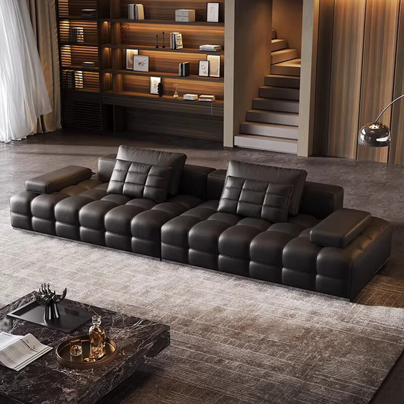 Nanshi home sofa Italian minimalist Lawrence sofa living room small yellow cowhide straight sofa light luxury modern leather art sofa 2.52 meters straight 2.8mm contact surface medium thick green leather extra thick stainless steel bottom frame