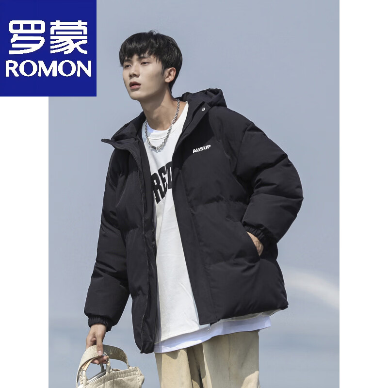 Luo Meng down jacket men's winter new thickened and warm Hong Kong style national trend versatile loose trendy brand hooded bread jacket black M 90--110 pounds can be worn