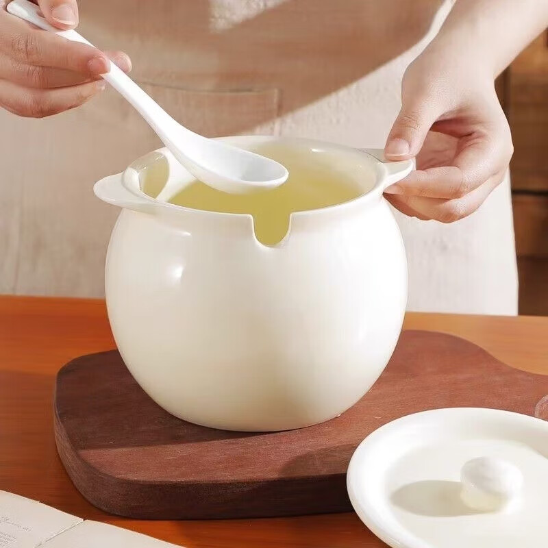 Ceramic lard jar, high temperature resistant household food grade chili oil jar, 300ml milk white + lid + spoon, food grade