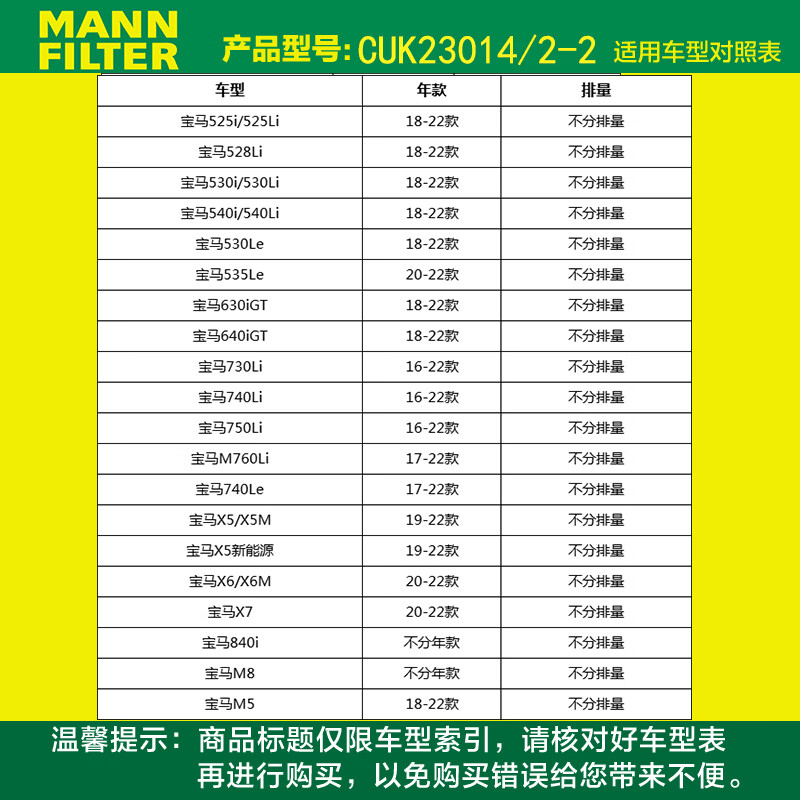 MANNFILTER cabin filter CUK23014/2-2 cabin filter element G38 new BMW 5 Series 528Li530Li730Li6 Series