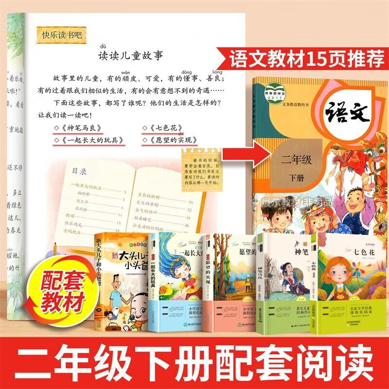 Happy reading, the second volume of the second grade must-read with color pictures and phonetic notation, a complete set of 5 authentic books and a free test manual. The new big-headed son and the small-headed father + the toy Jinbo who grew up together + the magic pen Ma Liang + the fulfillment of wishes + Qisehua primary school students’ winter vacation extracurricular reading supplementary book list. People’s Education Press People’s Education Edition Chinese textbook supporting reading list