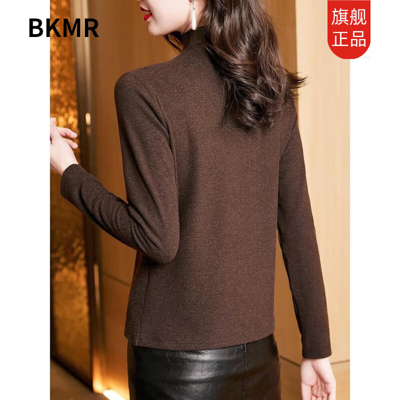 BKMR Double-sided German Velvet Bottoming Shirt Women's Autumn and Winter Thickened T-shirt Western Style Middle-aged Mom Half Turtle Collar Warm Top Brown L 105-115 Jin