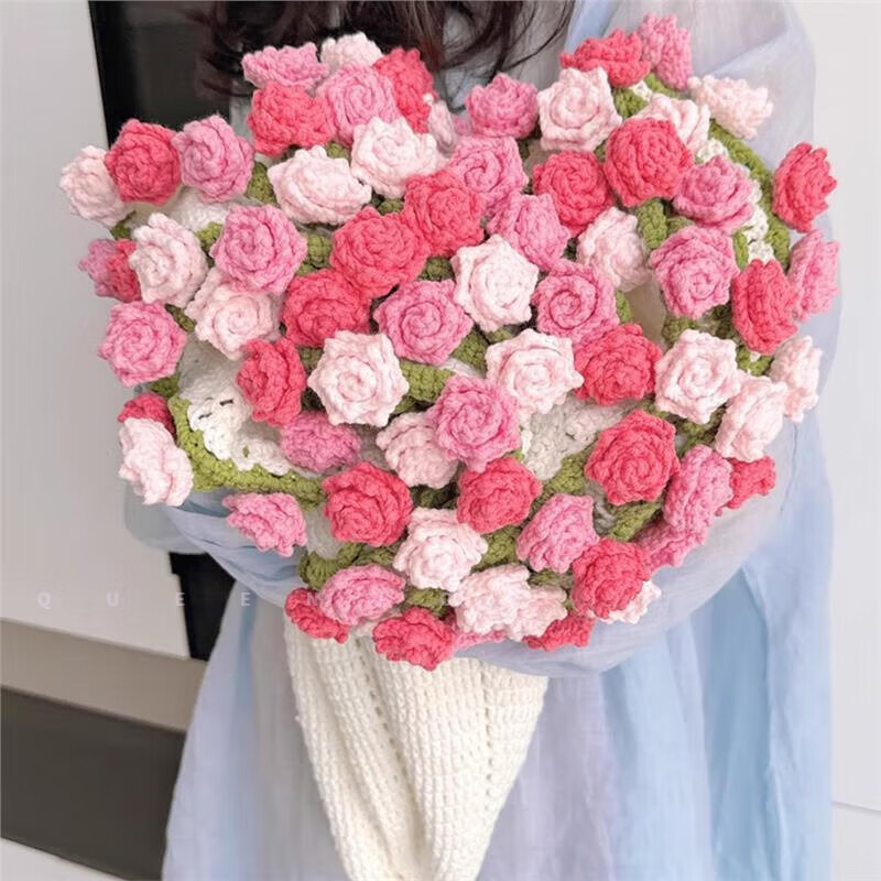 QUEENJOY Pointed Rose Bouquet Blanket Handmade DIY Knitting Material Bag Wool Flower Blanket Crocheted Chinese Valentine's Day Gift for Girlfriend Pointed Rose Feixia Dream 80cm to 100cm Gift Tool Tutorial