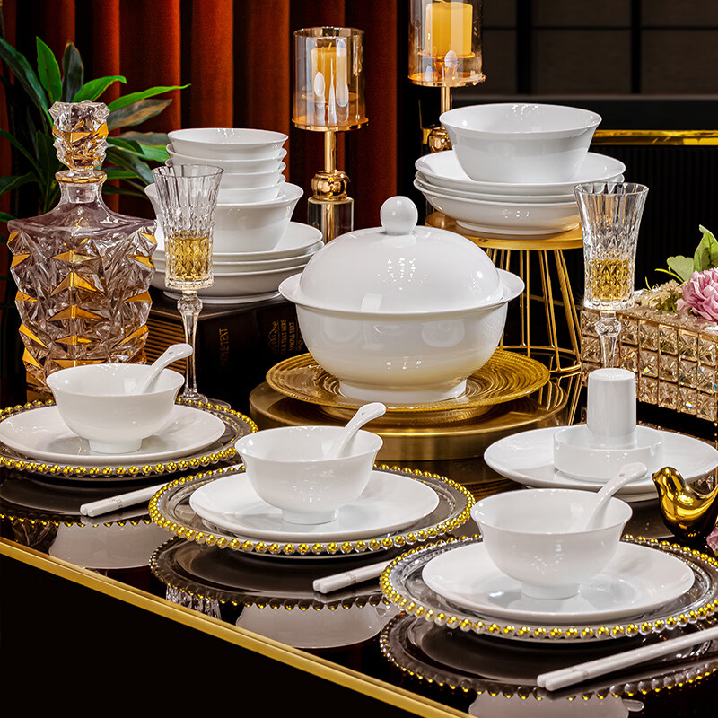 Tao Xianghui Jingdezhen high white porcelain tableware set underglaze color household 32-head pure white bowls, plates and spoons complete set of dishes as a housewarming gift