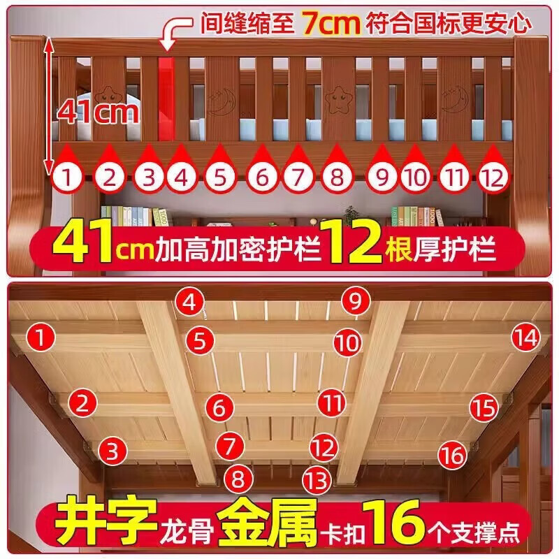 Yunmengjian all solid wood two-story bunk bed small apartment with wardrobe children's bed high and low bed adult bunk bed ladder type upper 140 lower 160 + bookshelf + mattress * 2 self-installation