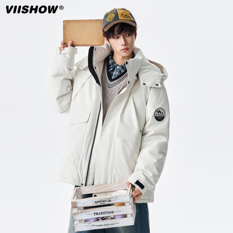 Viishow winter outdoor functional parka down jacket men and women trendy brand 90 velvet couple warm and cold-proof jacket black M