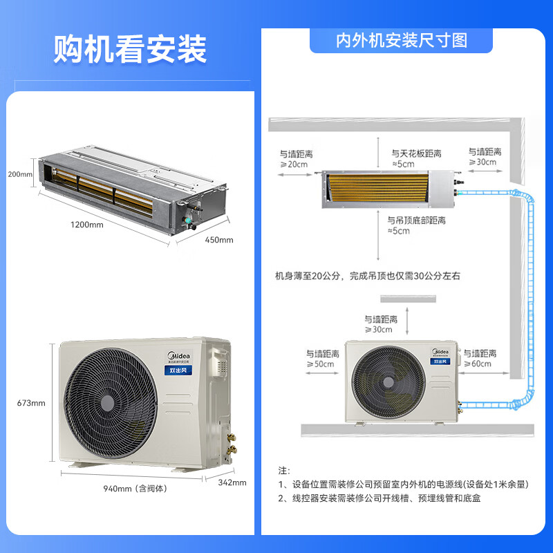 Midea central air conditioner large 3 HP cooling and heating dual outlet duct machine one for one pure copper tube air conditioner super energy efficiency floor heating replacement KFR-75T2W/B3-SS(1)