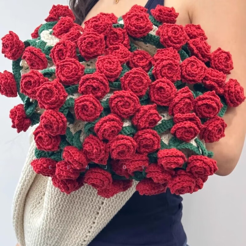 QUEENJOY Pointed Rose Bouquet Blanket Handmade DIY Knitting Material Bag Wool Flower Blanket Crocheted Chinese Valentine's Day Gift for Girlfriend Pointed Rose Feixia Dream 80cm to 100cm Gift Tool Tutorial
