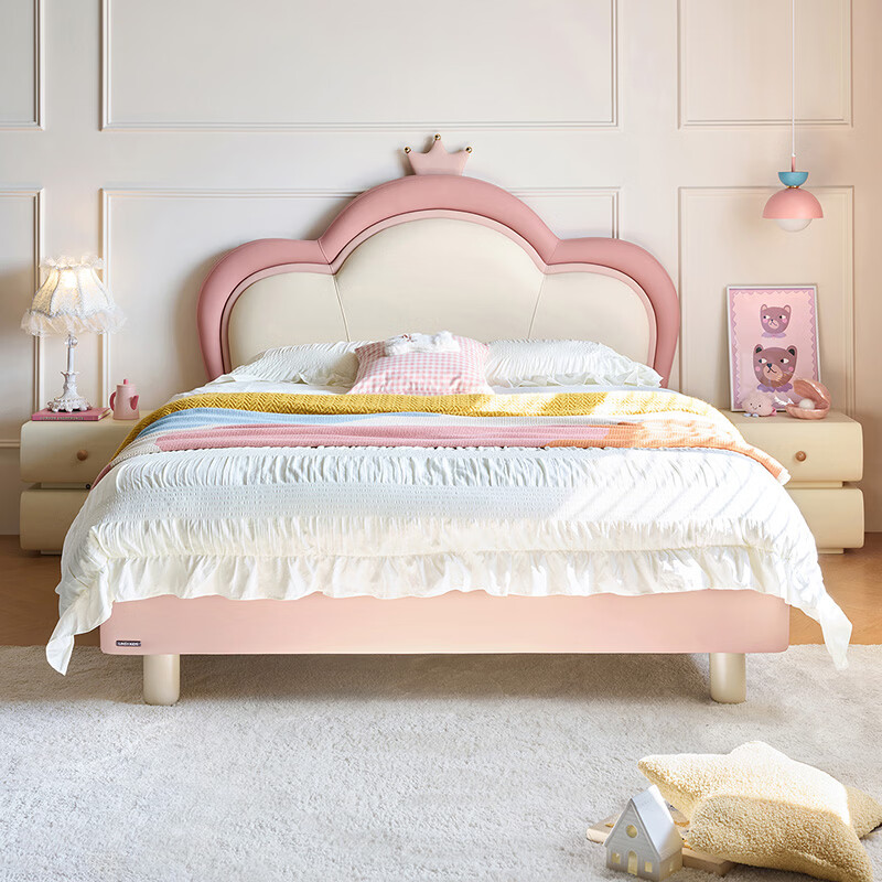 Lin's Home Children's Bed Princess Bed Double Bed Girl Sensor Light Suspended Bed Crib Single Bed Furniture Queen Bed TBC024 Genuine Leather | 100% Solid Wood Frame High Bed 1.2x2 Meters Bed + 20cm Spine Protector Mat (CKD103B)