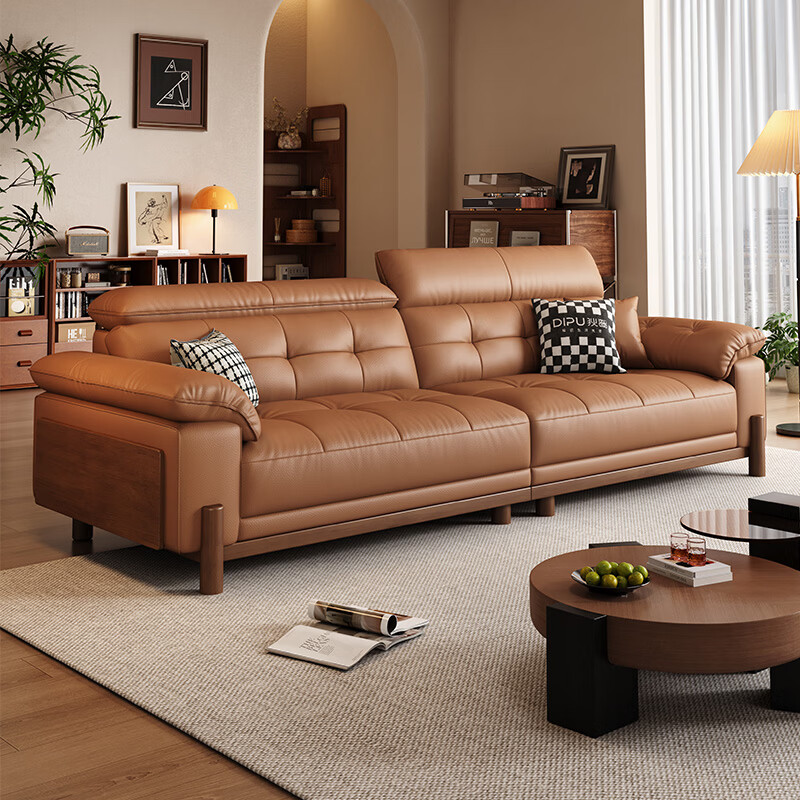 Dipu's antique-style solid wood leather sofa, simple government-subsidized adjustable straight-row maple leather sofa for living room Ming Ning, flagship version 2.8 meters, 5-star comfortable sitting feeling, thickened first-layer cowhide on the contact surface, wear-resistant and easy to maintain