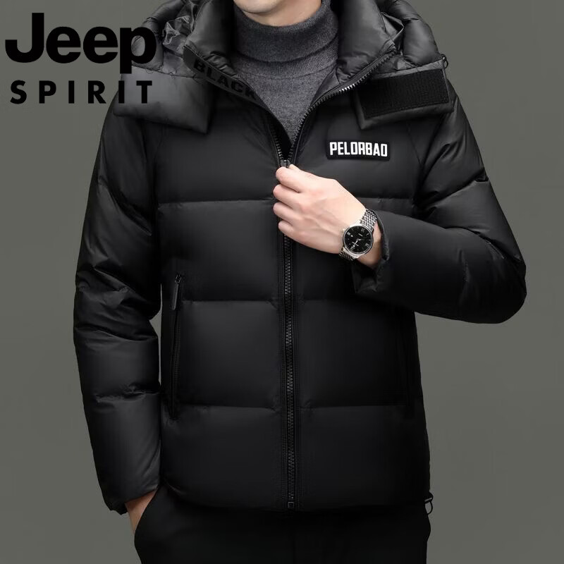 JEEP Jeep International Brand Men's Down Jacket Winter 2025 New Thick Warm Loose Hooded Casual Jacket Men's Down Jacket - Black M Recommended 95-110 catties