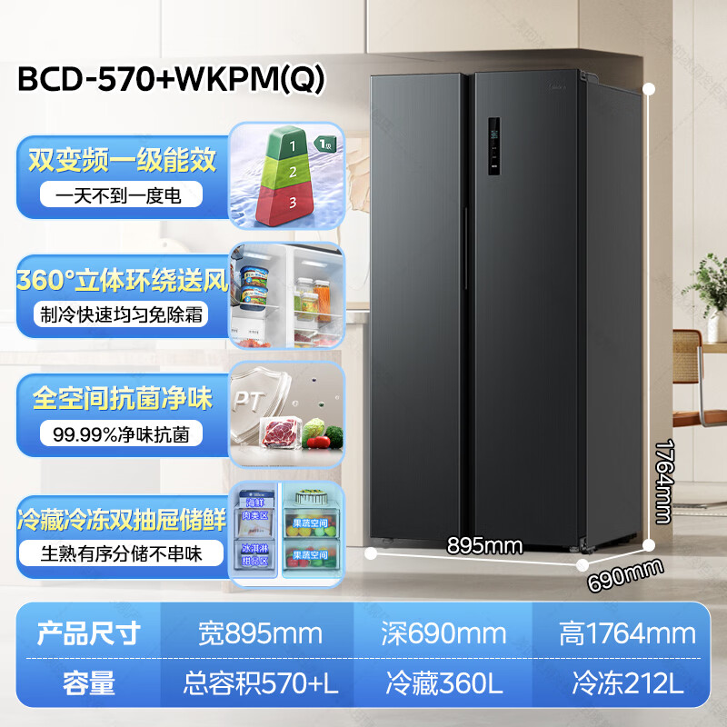 Midea refrigerator side-by-side double-door multi-door refrigerator first-class energy efficiency dual frequency conversion air-cooled frost-free large-capacity smart home refrigerator state subsidy trade-in 570 liters +丨New product hot sale