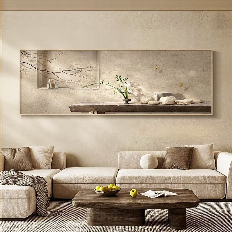 Fantasy new Chinese-style living room decorative painting, elegant and simple horizontal version of tea room mural wabi-sabi style high-end sofa background wall hanging painting 70x180cm with light/voice control plug-in type 01 green shadow whirling with installation