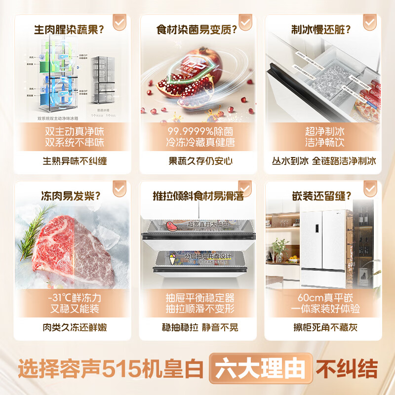 Rongsheng Cube Sugar 515 Double System French Multi-door Four-Door Ultra-Thin Zero Embedded Refrigerator Home Automatic Ice Making Level 1 Energy Efficiency World Cup BCD-515P60FZNAD White National Subsidy