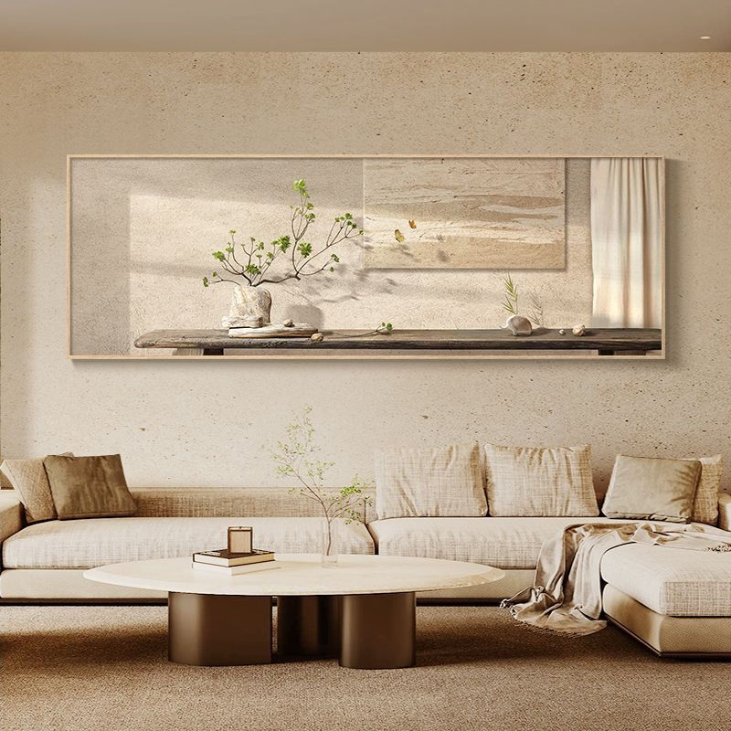 Fantasy new Chinese-style living room decorative painting, elegant and simple horizontal version of tea room mural wabi-sabi style high-end sofa background wall hanging painting 70x180cm with light/voice control plug-in type 01 green shadow whirling with installation