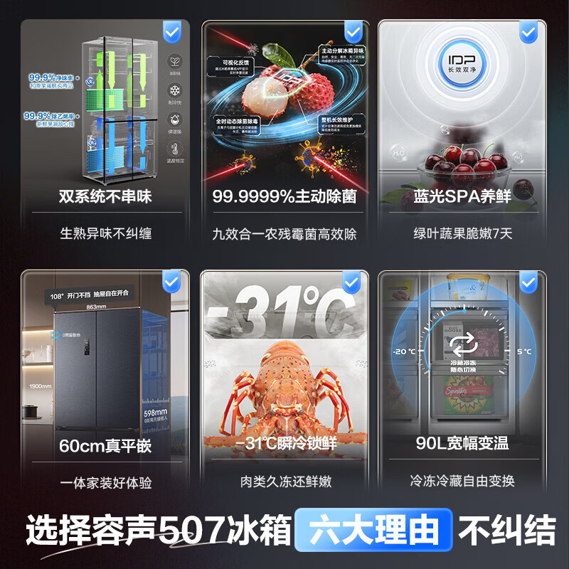 Rongsheng IDP net flavor 507L cross-door refrigerator active sterilization dual system ultra-thin zero embedded first-level energy efficiency air-cooled frost-free BCD-507E50CZLAD national subsidy dual system embedded | active sterilization | 507 cross