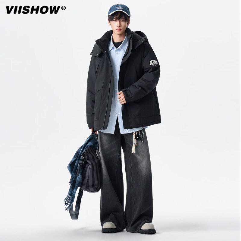 Viishow winter outdoor functional parka down jacket men and women trendy brand 90 velvet couple warm and cold-proof jacket black M