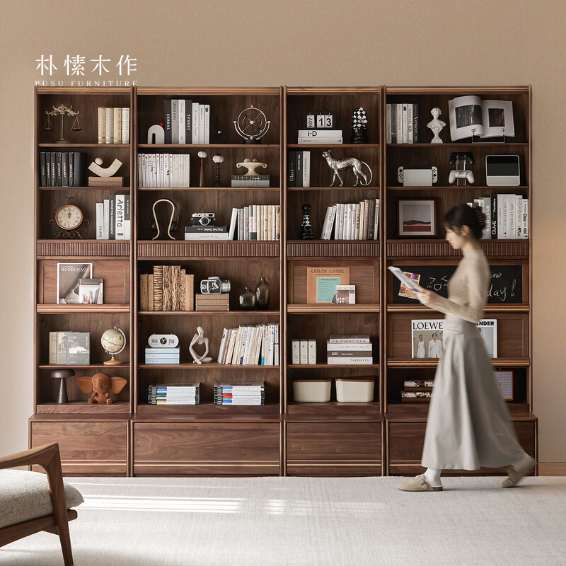 Pu Su wood made full wall bookcase solid wood bookshelf black walnut combination bookcase glass floor display cabinet storage locker Xingluo 90cm drawer card holder丨Ready stock