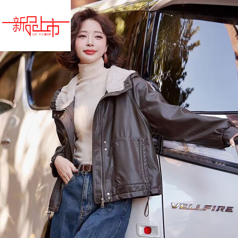 Woodpecker (TUCANO) velvet thickened warm leather jacket for women in winter small casual loose fur all-in-one jacket top hooded jacket khaki this year's popular light luxury brand M 95-107