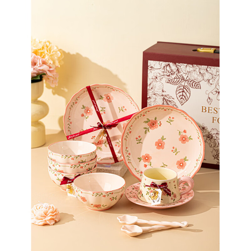 Tuojin wedding gift, engagement, wedding tableware for newlyweds, bride, girlfriends, sisters, practical cup gift box for housewarming, Taohuayuan, bowl, cup, plate + saucer, 12-piece set