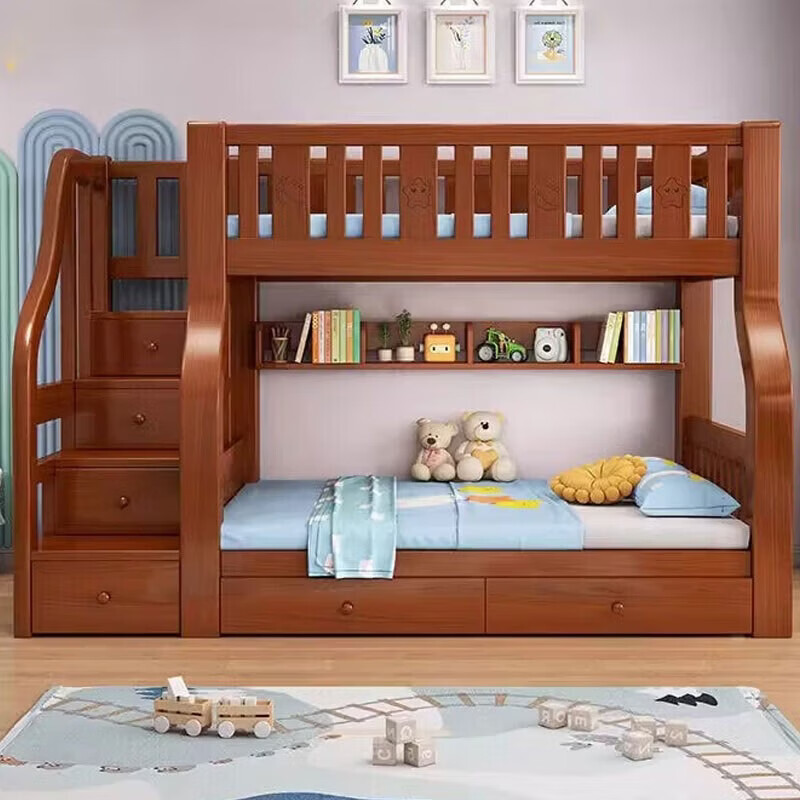 Yunmengjian all solid wood two-story bunk bed small apartment with wardrobe children's bed high and low bed adult bunk bed ladder type upper 140 lower 160 + bookshelf + mattress * 2 self-installation