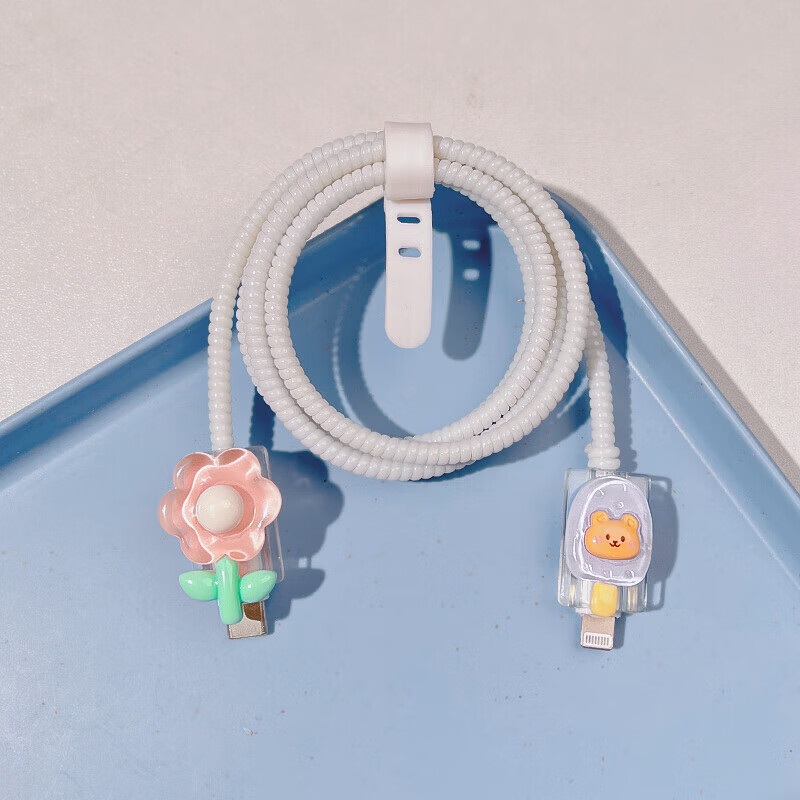 Suitable for Apple 15 charger protective case iphone15pro cute 14/13/12/11 data cable protective case blue flower protective cable + cable bite 1 pair