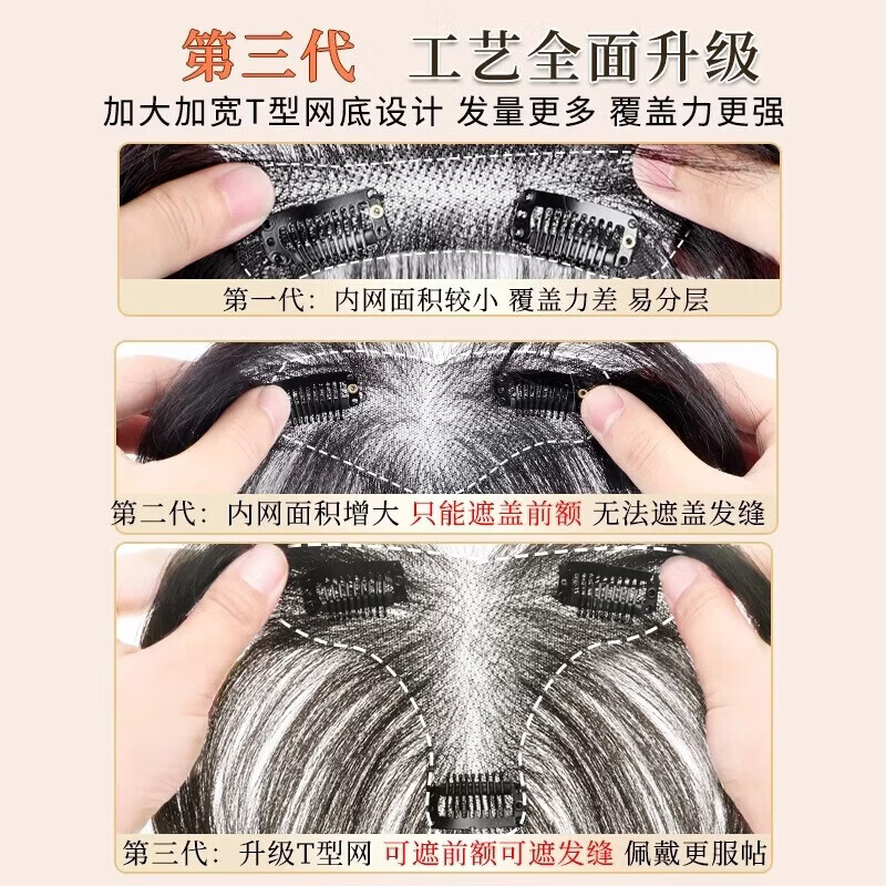 Lanugo hair wig with splayed bangs for women, full human hair on top of head, natural forehead and temples, seamless hairline stickers, film and television grade lanugo hair bangs, natural color, splayed style