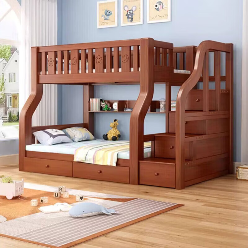 Yunmengjian all solid wood two-story bunk bed small apartment with wardrobe children's bed high and low bed adult bunk bed ladder type upper 140 lower 160 + bookshelf + mattress * 2 self-installation
