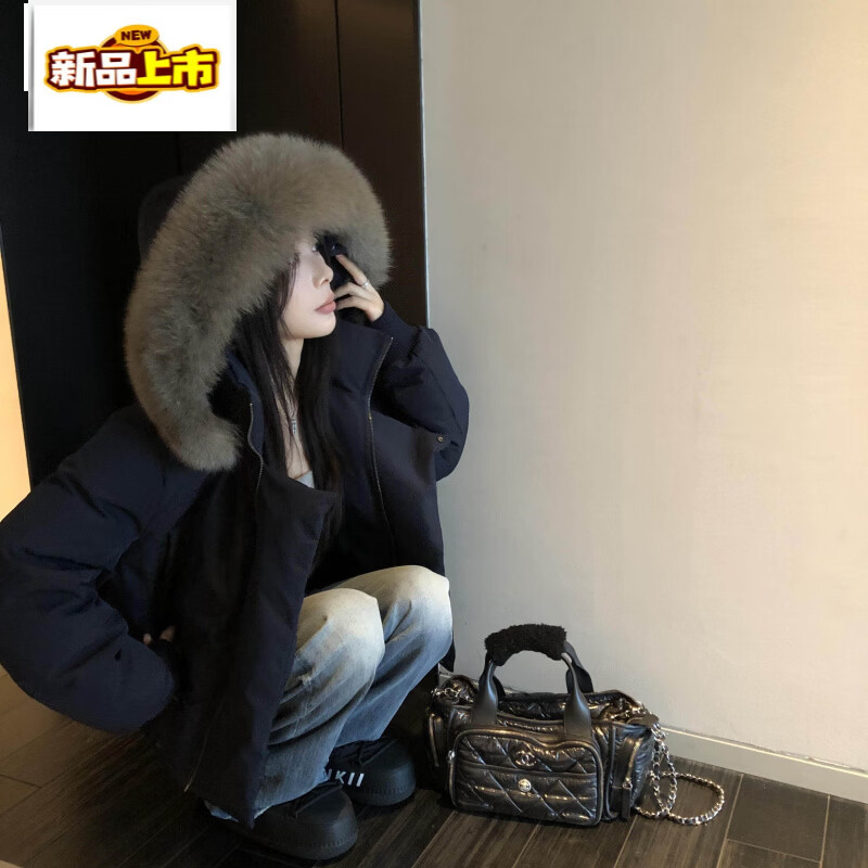 First diameter imitation fox fur collar design short down jacket for women winter new white duck down hooded jacket for women white S