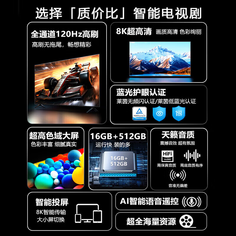 HUIWEI Smart Screen Top 10 TVs 8K Ultra HD Smart Network LCD Explosion-proof Screen Blue Light WiFi Remote Control Voice Mobile Phone Screen Living Room Eye Protection 60 Inches Length 98* Height 56CM Ultra-clear 8K Smart Free Trial + Ten Year Renewal + Door-to-Door Installation
