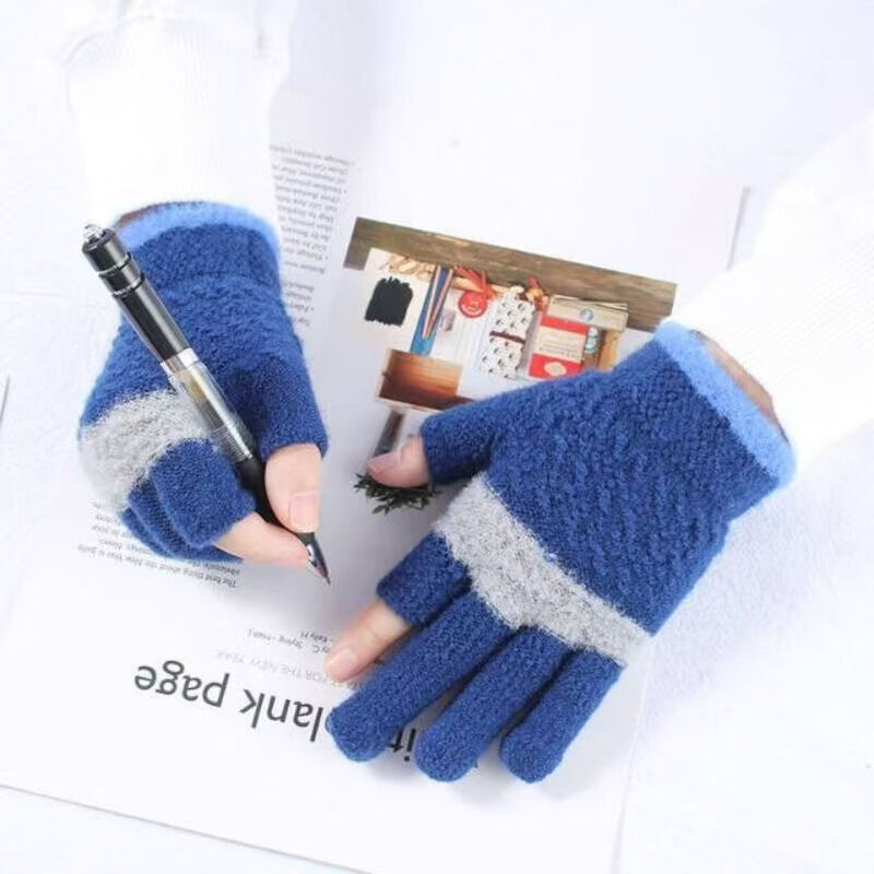 Two-fingered autumn and winter men's and women's velvet finger-exposed writing gloves warm knitted split-finger gloves Thickened women's color matching random colors 1 pair