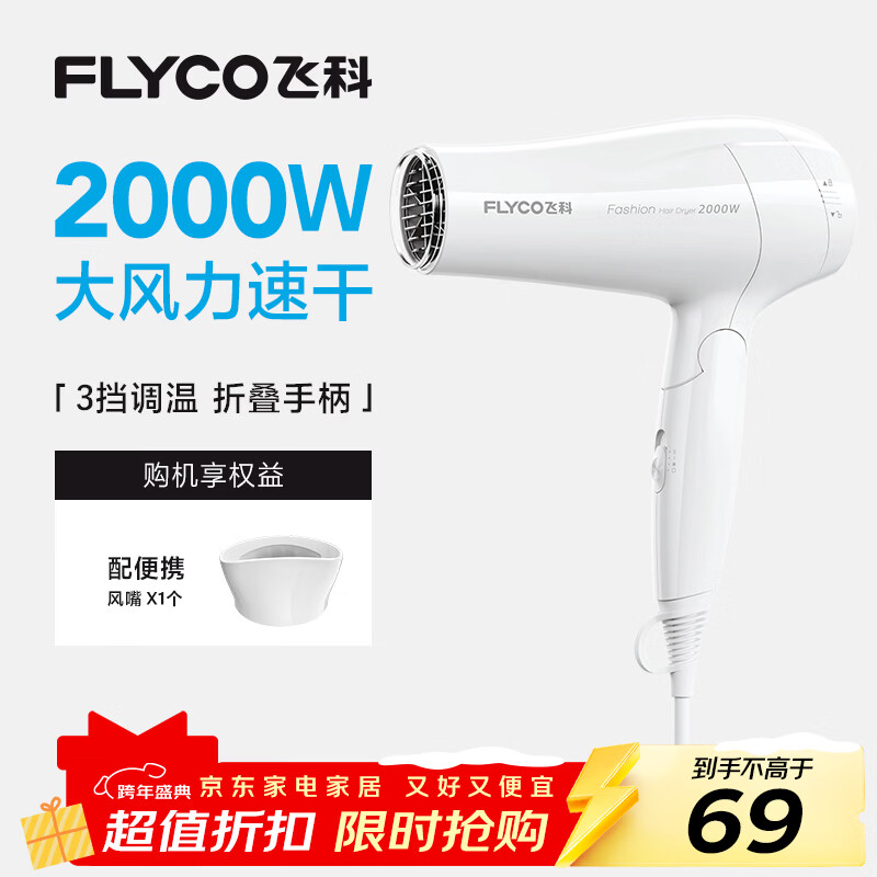 FLYCO hair dryer home hair salon high power 2000W quick drying constant temperature portable foldable white FH6232