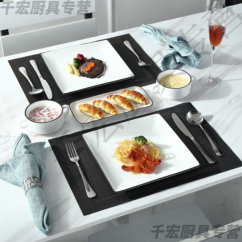 He Jiagong German quality Western tableware steak knife and fork plate set European ceramic steak couple home dining plate double couple set corner style _with steak