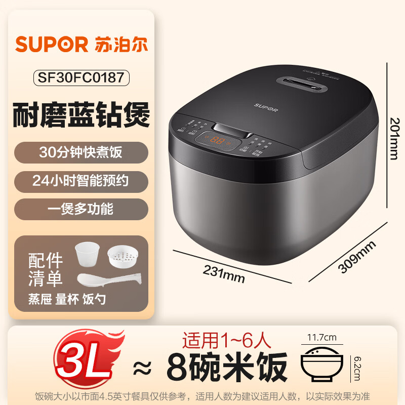SUPOR small rice cooker for 2-3 people 3 liters blue diamond non-stick inner pot household electric cooker for cooking rice and porridge smart reservation multi-function one pot multi-purpose small micro-pressure rice cooker 30FC0187