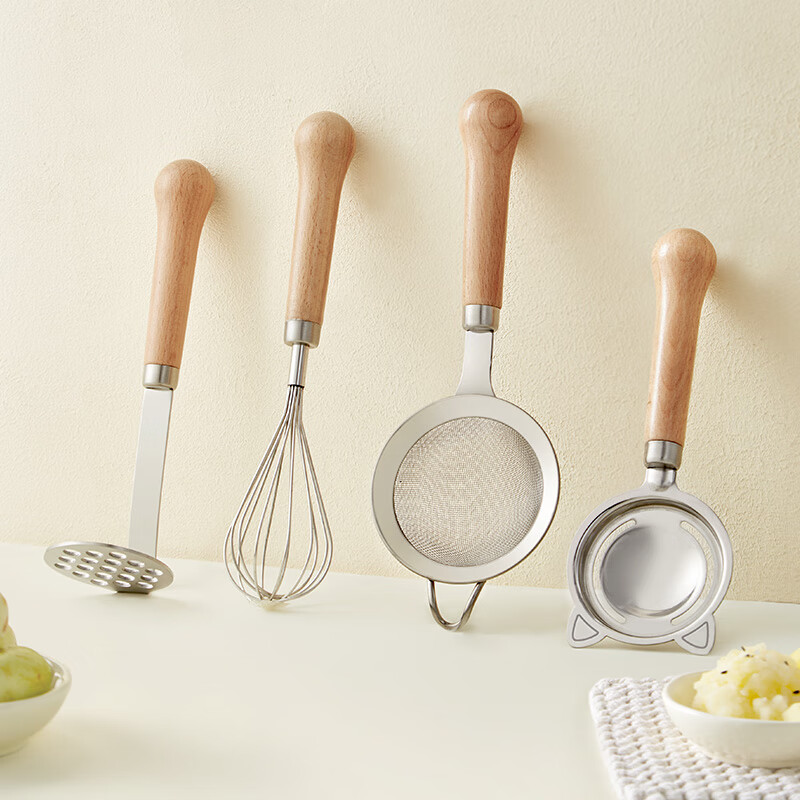 PLODON 4-piece baby feeding tool set, stainless steel filter spoon + mud press + egg white separator + egg beater