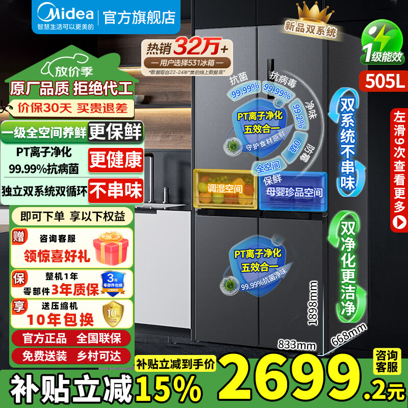 Midea dual-system 532/531 French multi-door cross-door first-class energy-efficiency air-cooled frost-free household ultra-large-capacity clean-odor four-door refrigerator with 15% replacement subsidy Maternal and child care 531 dual-system cross-door (sky gray)