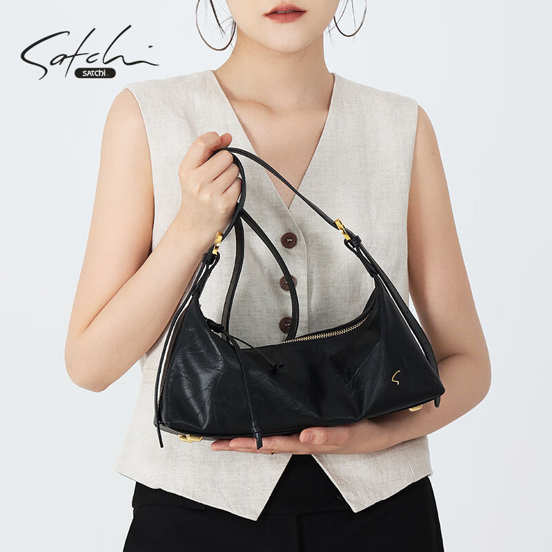 SATCHI first layer cowhide pillow bag 2026 new style genuine leather niche single shoulder crossbody bag for women black