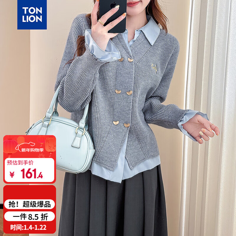 TonLion 2025 autumn and winter woven splicing lapel double-breasted fake two-piece women's cardigan sweater