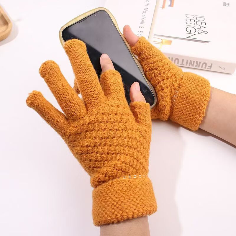 Two-fingered autumn and winter men's and women's velvet finger-exposed writing gloves warm knitted split-finger gloves Thickened women's color matching random colors 1 pair
