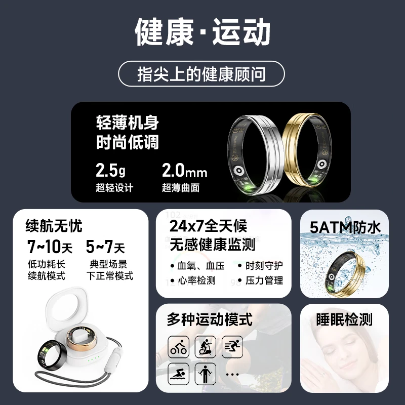 KPEP Medical Flagship Blood Oxygen Heart Rate Body Temperature Blood Pressure Sleep Monitoring Remote Control Photography Gestures Page Turning Somatosensory Games Men and Women Couple Sports Ultra-Thin Health Smart Ring