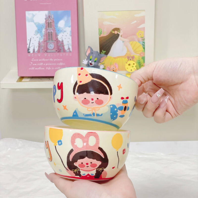 Tuojin family of three ceramic eating bowls, home cute children's bowls, parent-child tableware, personal special for four couples, beautiful 4.5-inch bowl + spoon, 4 mix and match gift boxes