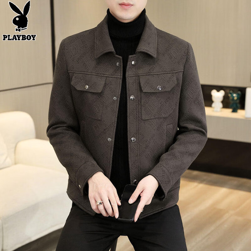 Playboy (PLAYBOY) Men's Jacket 2026 Spring and Autumn New Casual Fashion Young and Middle-aged Tops Lapel Jackets Men's Tops Khaki L 175 Recommended 120-140 catties