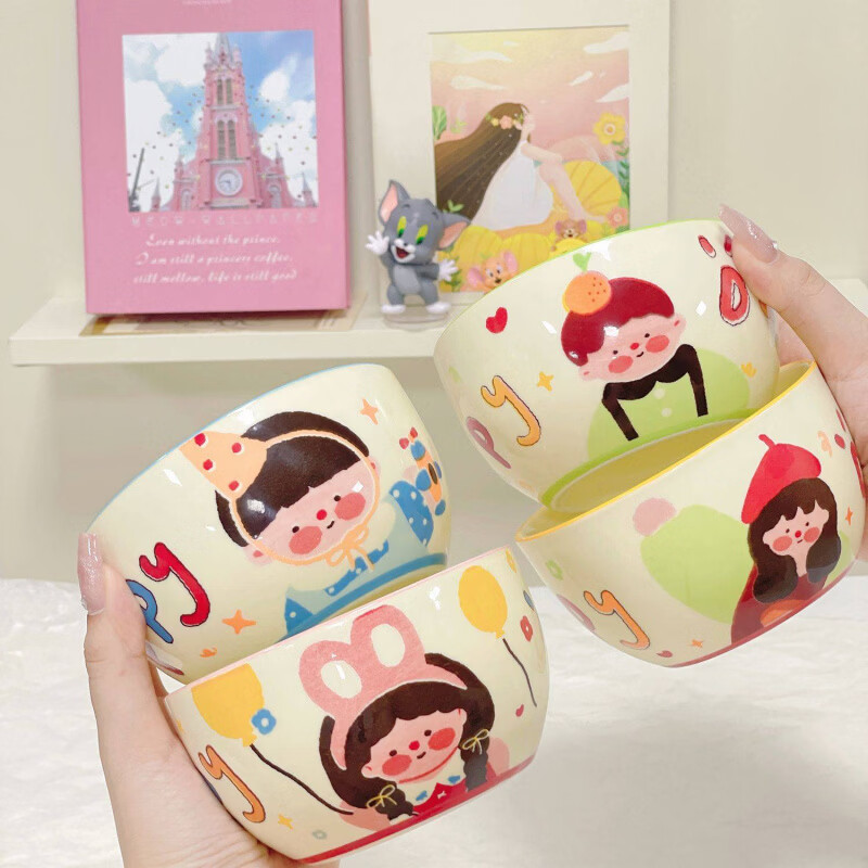 Tuojin family of three ceramic eating bowls, home cute children's bowls, parent-child tableware, personal special for four couples, beautiful 4.5-inch bowl + spoon, 4 mix and match gift boxes