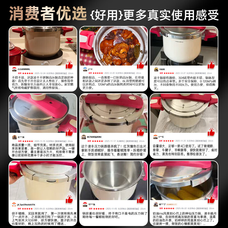 Lingfeng (LINKFAIR) pressure cooker stainless steel 6L pressure cooker household explosion-proof one-hand opening and closing for gas induction cooker JD.com limited
