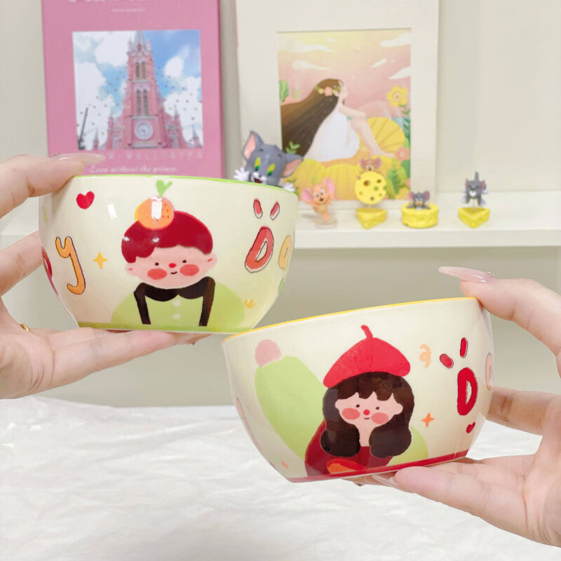 Tuojin family of three ceramic eating bowls, home cute children's bowls, parent-child tableware, personal special for four couples, beautiful 4.5-inch bowl + spoon, 4 mix and match gift boxes