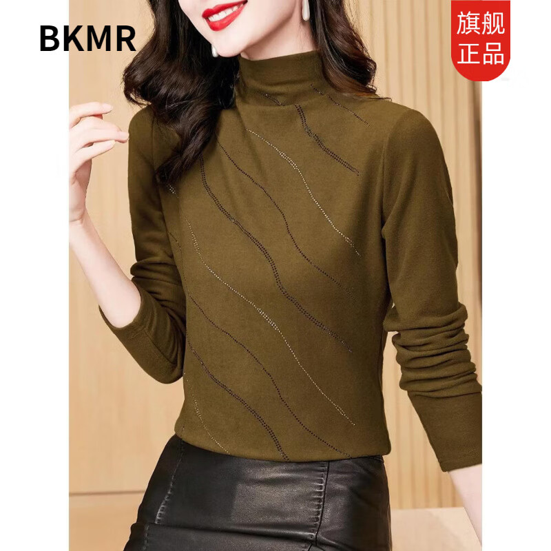 BKMR Double-sided German Velvet Bottoming Shirt Women's Autumn and Winter Thickened T-shirt Western Style Middle-aged Mom Half Turtle Collar Warm Top Brown L 105-115 Jin