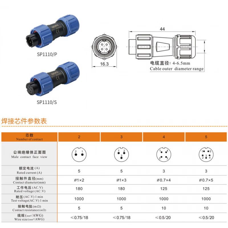 WEIPU plastic aviation plug SP1110/P SP1111/S SP1112 2 core 3 4 5 core SP1110_cable plug 2_core