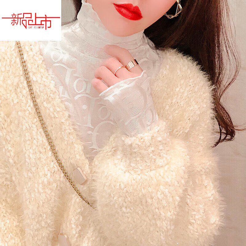 Xia Dian Suding Queen (SE.PSTP) high-neck mesh bottoming shirt for women, autumn and winter style long-sleeved sweater with velvet thickened lace warm fashionable top, white velvet S